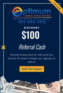 Discount coupon for $100 Referral Cash for Optimum Heating Cooling and Plumbing